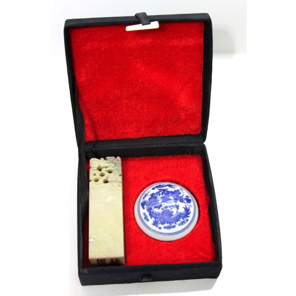 Chinese Chop Stamp Seal Lin Surname Carved Stone Red Wax Silk Box Set Desk Decor